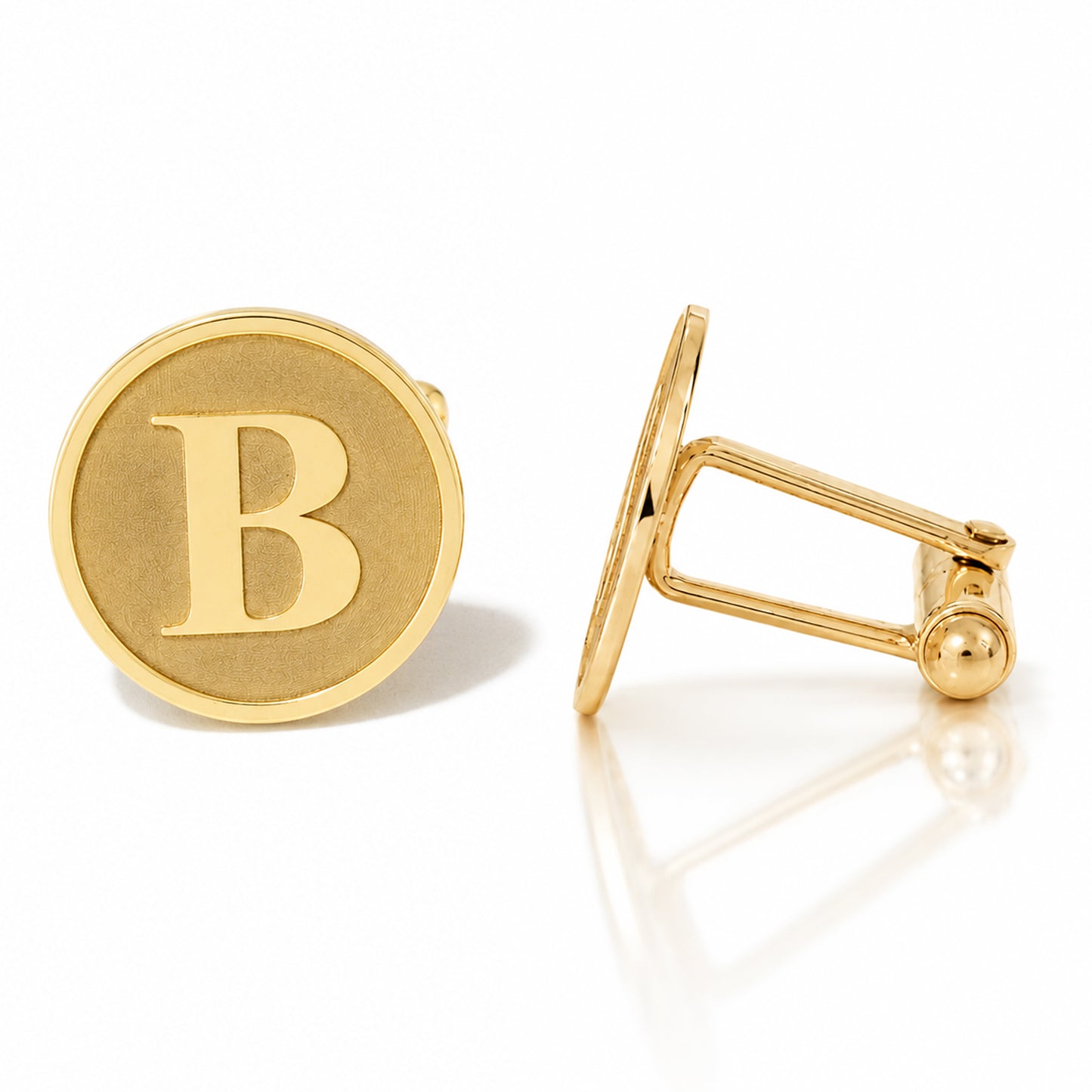 14K Gold Initial Letter Cameo Engraved Coin Cuff Links, Classic Font