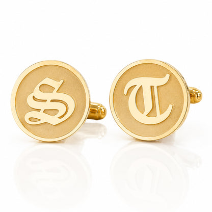 14K Initial Letter Cameo Engraved Coin Cuff Links, Old English Font