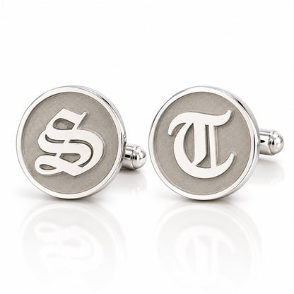 Sterling Silver Initial Letter Cameo Engraved Coin Cufflinks, Old English Font