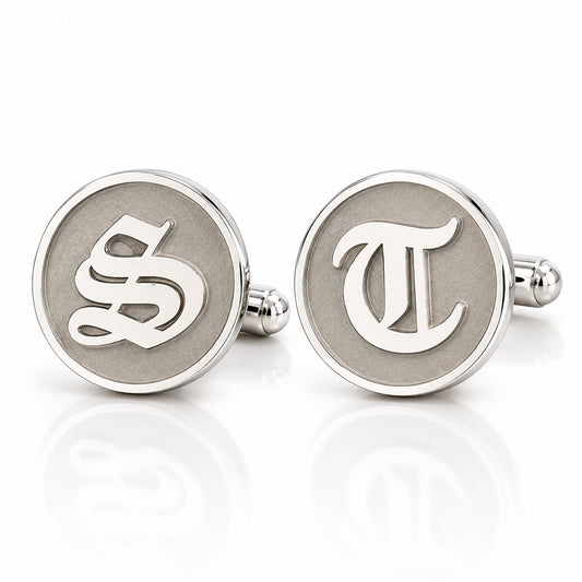 Sterling Silver Initial Letter Cameo Engraved Coin Cufflinks, Old English Font