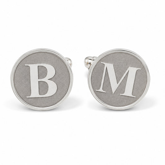 Sterling Silver Initial Letter Cameo Engraved Coin Cufflinks, Classic Font