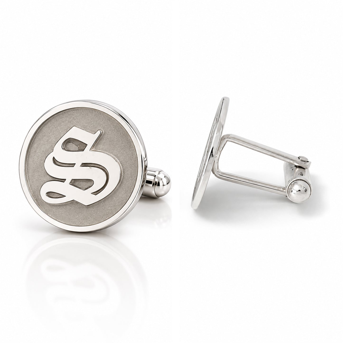 Sterling Silver Initial Letter Cameo Engraved Coin Cufflinks, Old English Font