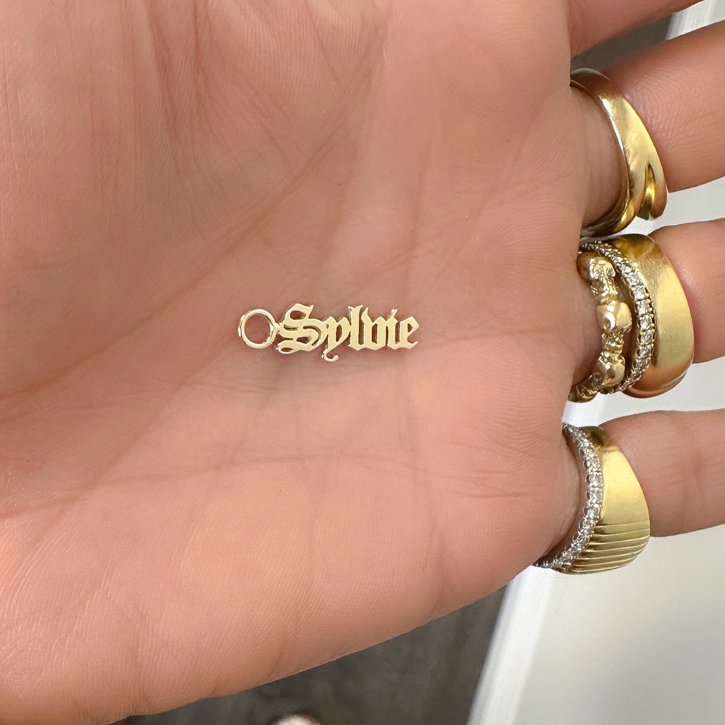 14K Gold Nameplate Earring Hoop Charm, Old English Font