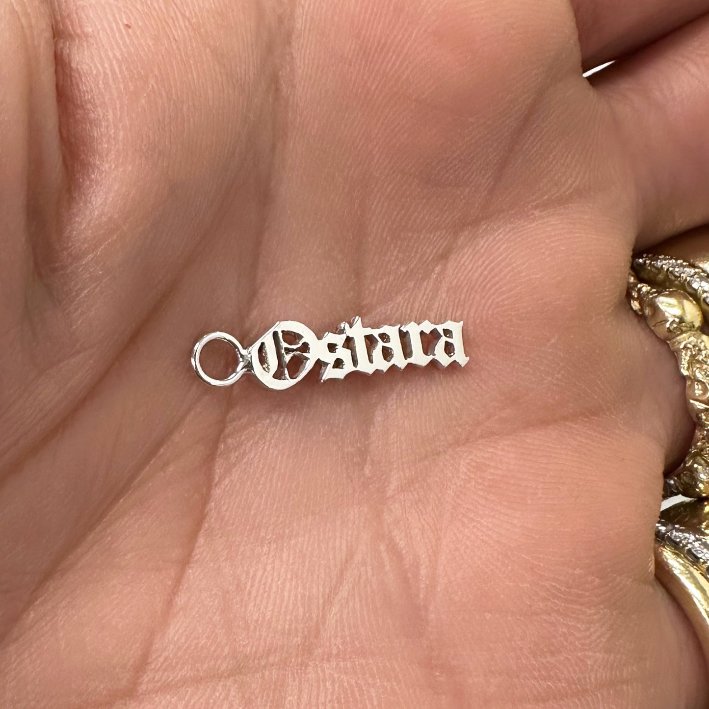 14K Gold Nameplate Earring Hoop Charm, Old English Font