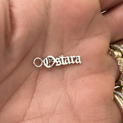 14K Gold Nameplate Earring Hoop Charm, Old English Font