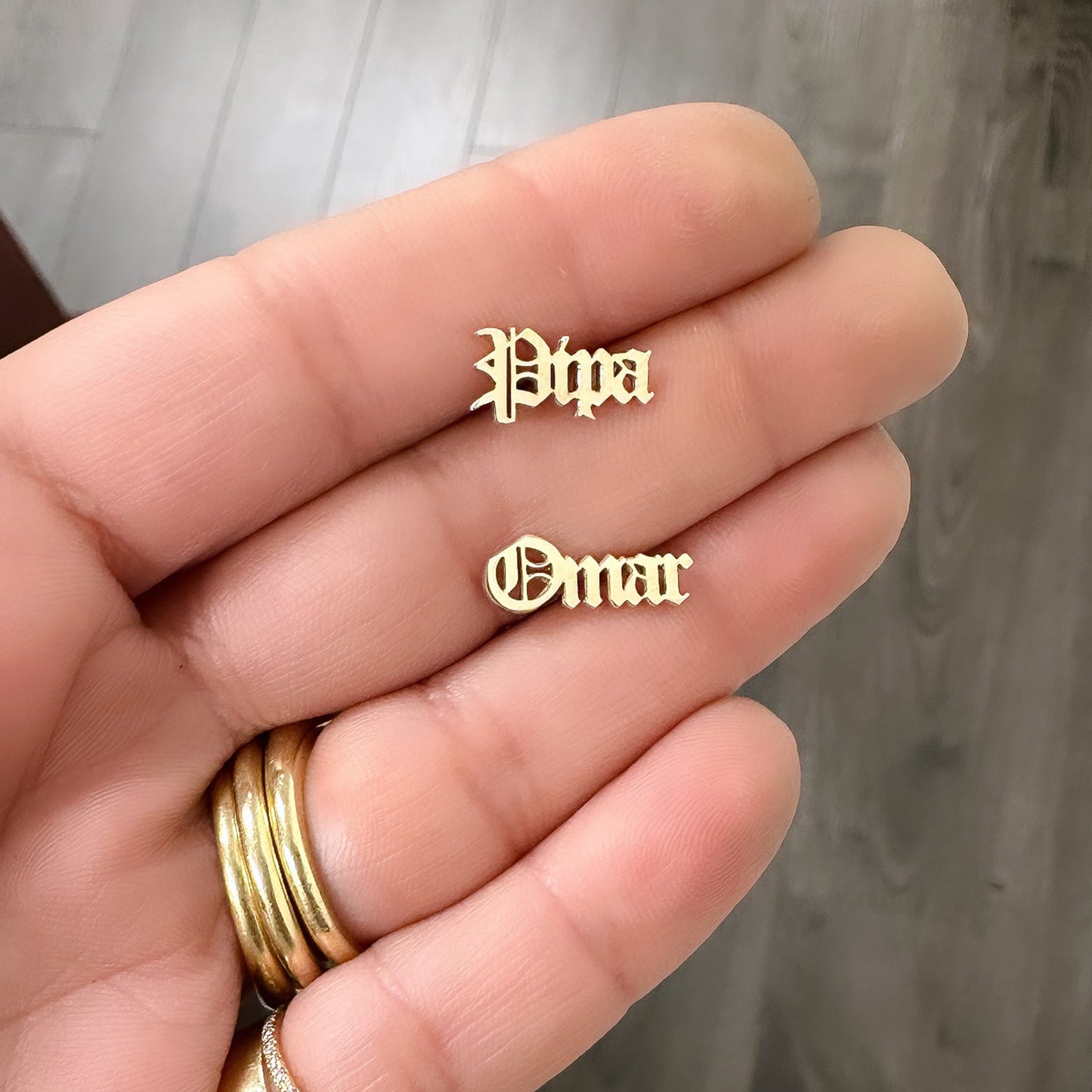 14K Gold Nameplate Stud Earrings, Old English Font