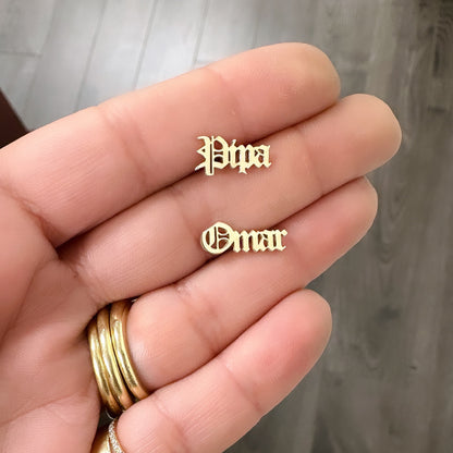 14K Gold Nameplate Stud Earrings, Old English Font