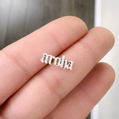 14K Gold Nameplate Stud Earrings, Old English Font