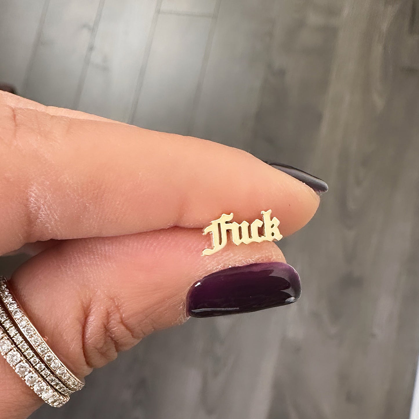 14K Gold Nameplate Stud Earrings, Old English Font