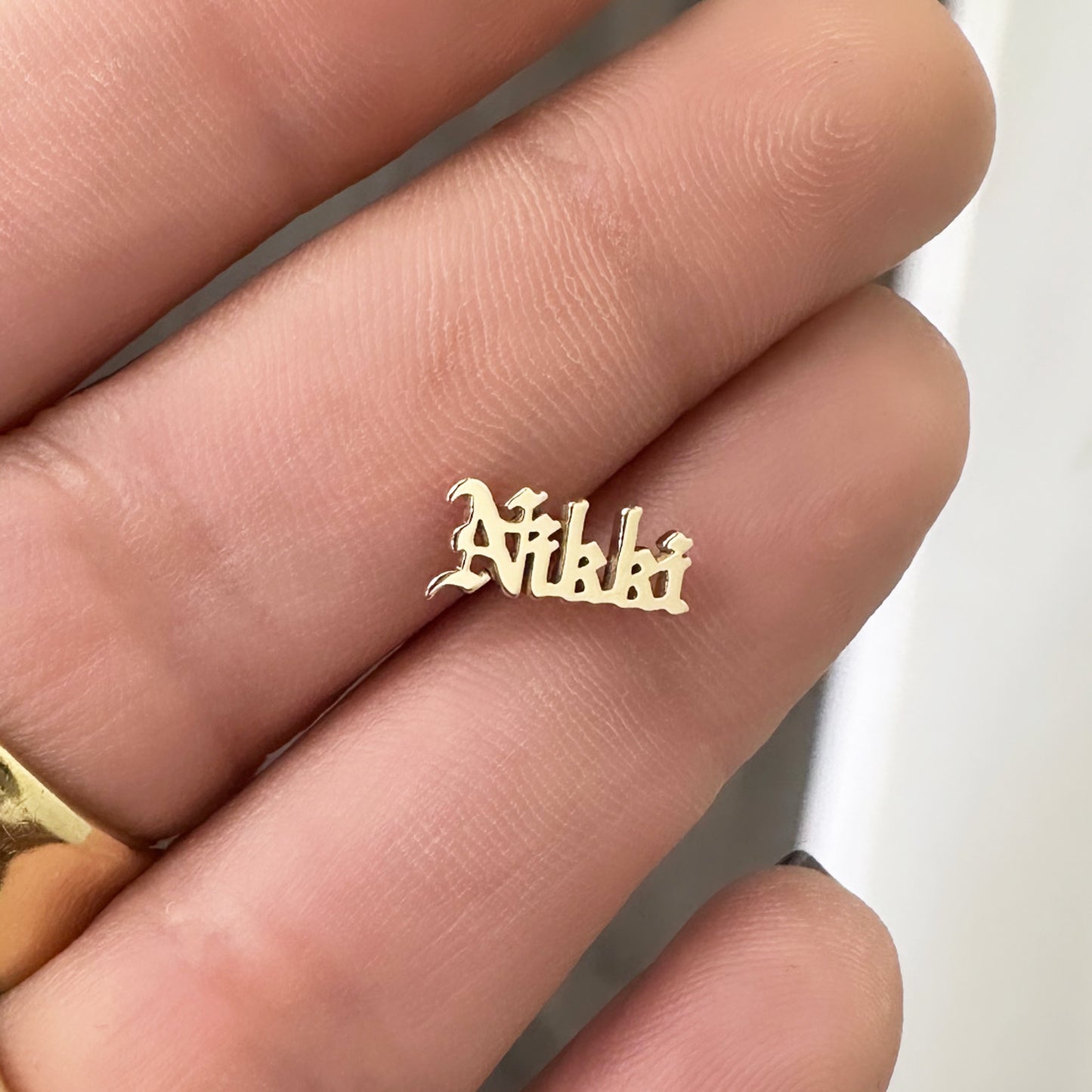 14K Gold Nameplate Stud Earrings, Old English Font