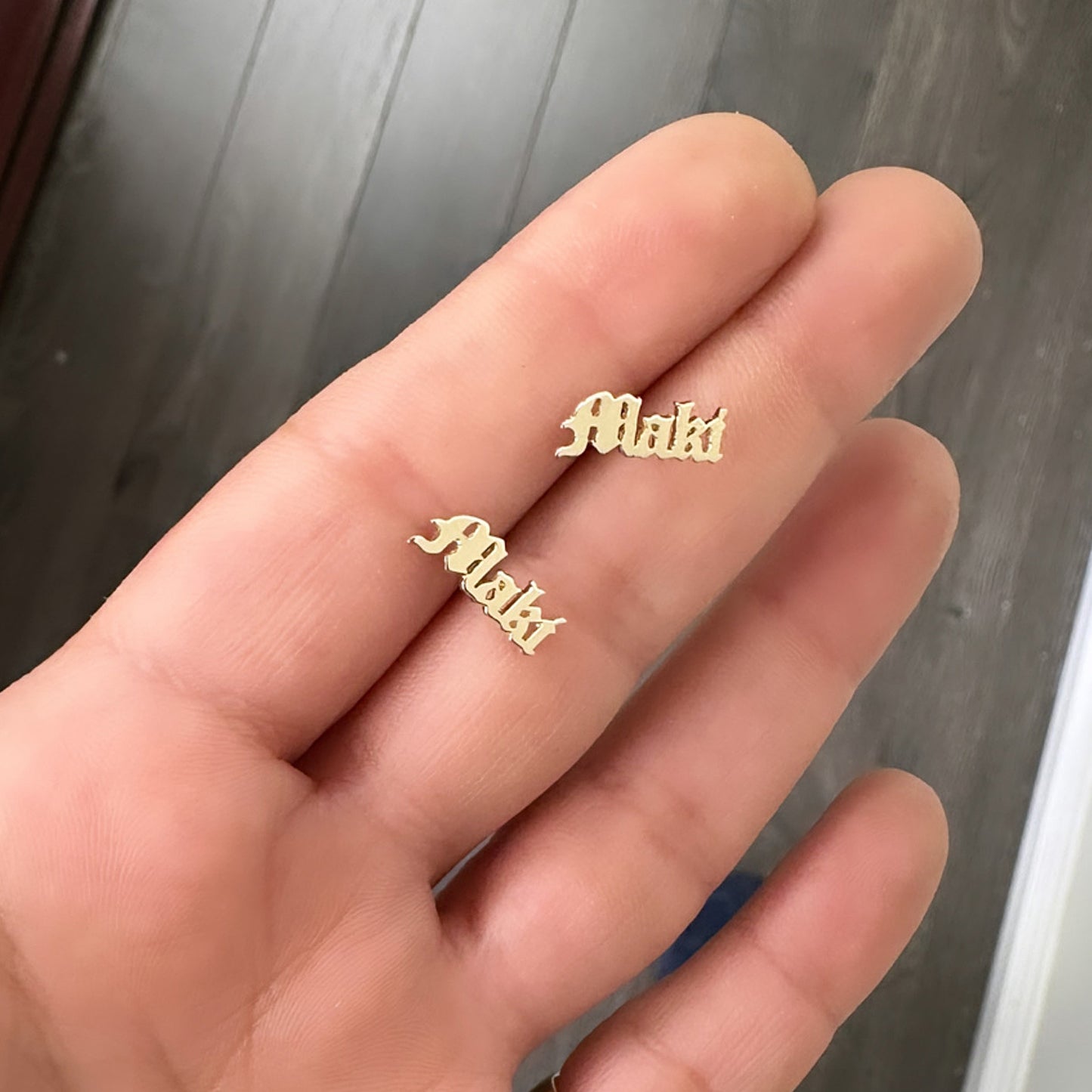 14K Gold Nameplate Stud Earrings, Old English Font