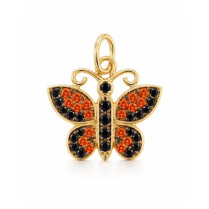 14K Gold Pavé Black Diamond & Orange Sapphire Butterfly Charm Pendant