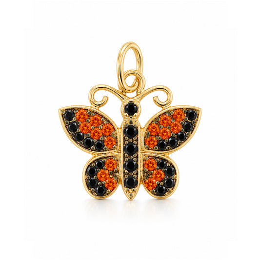 14K Gold Pavé Black Diamond & Orange Sapphire Butterfly Charm Pendant