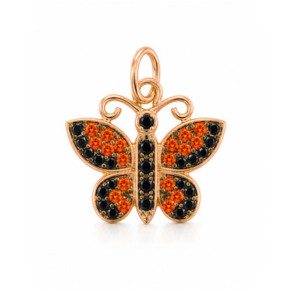 14K Gold Pavé Black Diamond & Orange Sapphire Butterfly Charm Pendant