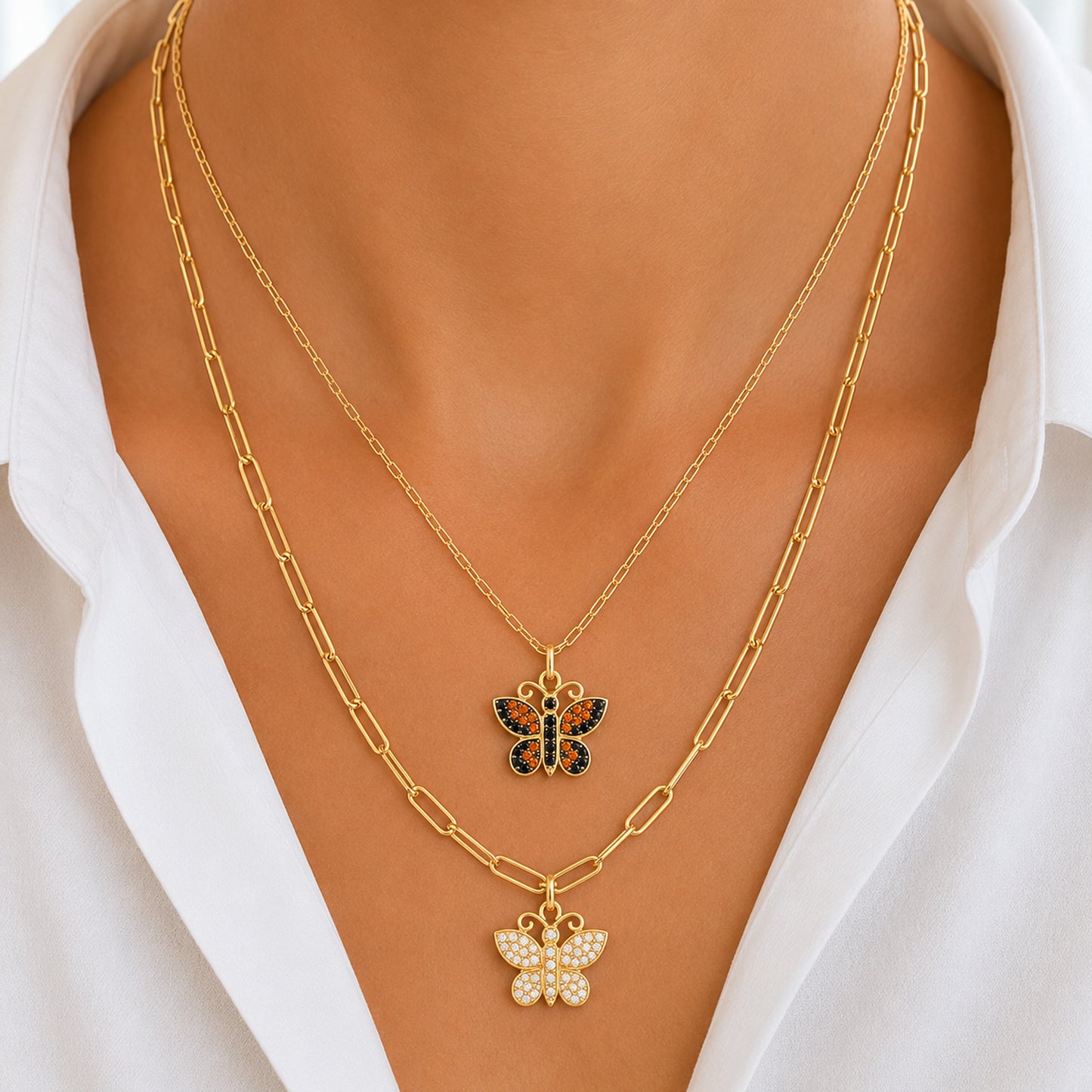 14K Gold Pavé Black Diamond & Orange Sapphire Butterfly Charm Pendant