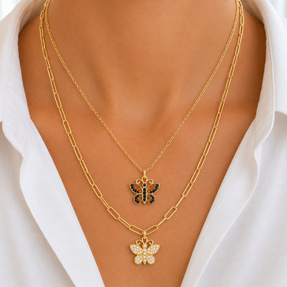 14K Gold Pavé Black Diamond & Orange Sapphire Butterfly Charm Pendant