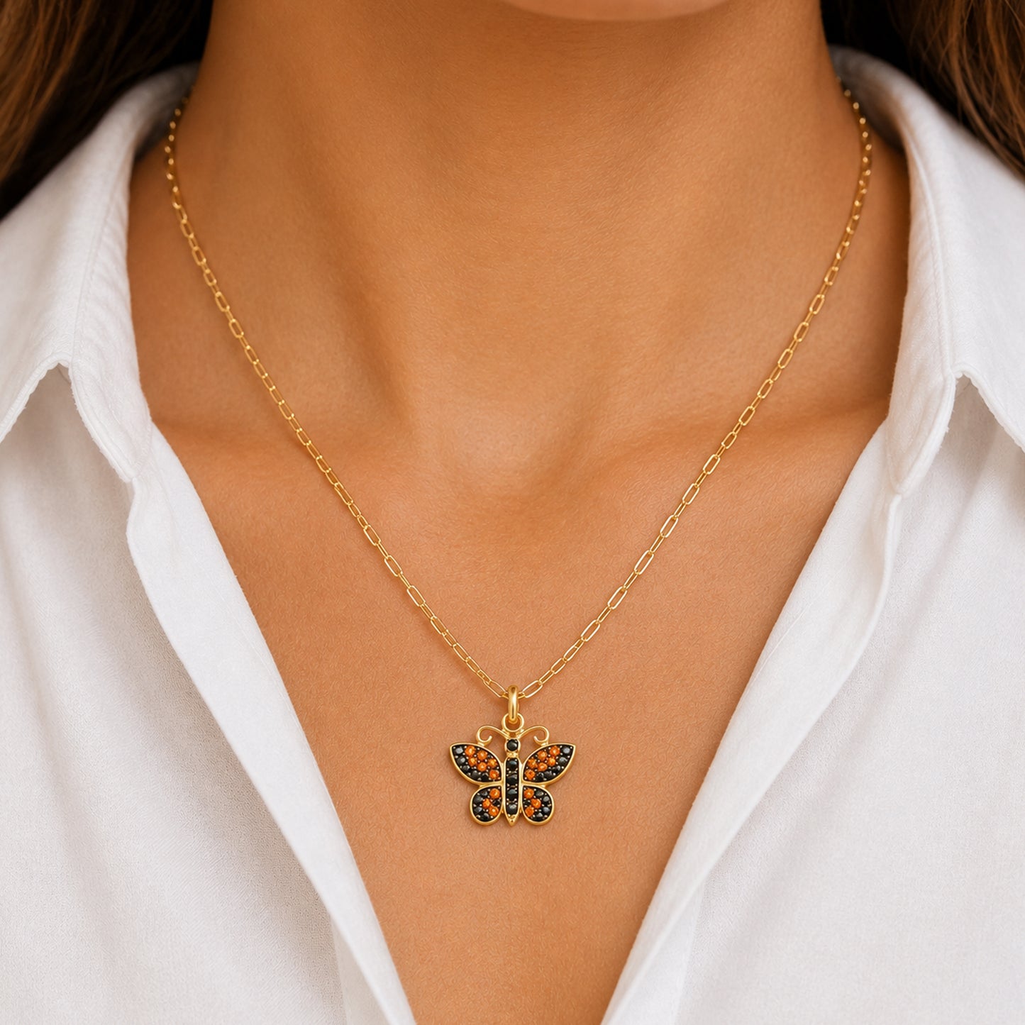 14K Gold Pavé Black Diamond & Orange Sapphire Butterfly Charm Pendant