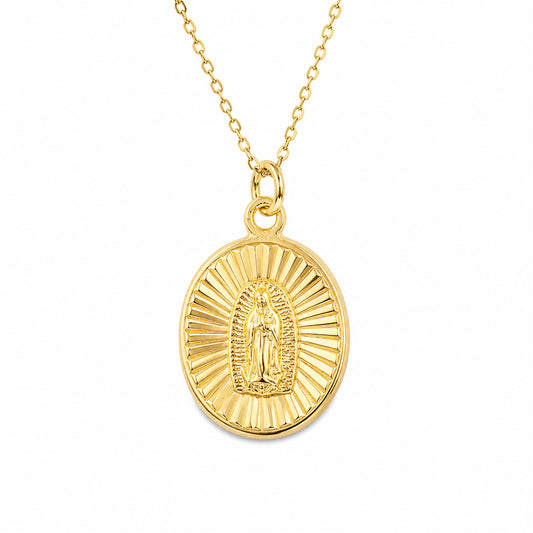 14K Gold Virgin Mary Miraculous Medal Fluted Charm Necklace