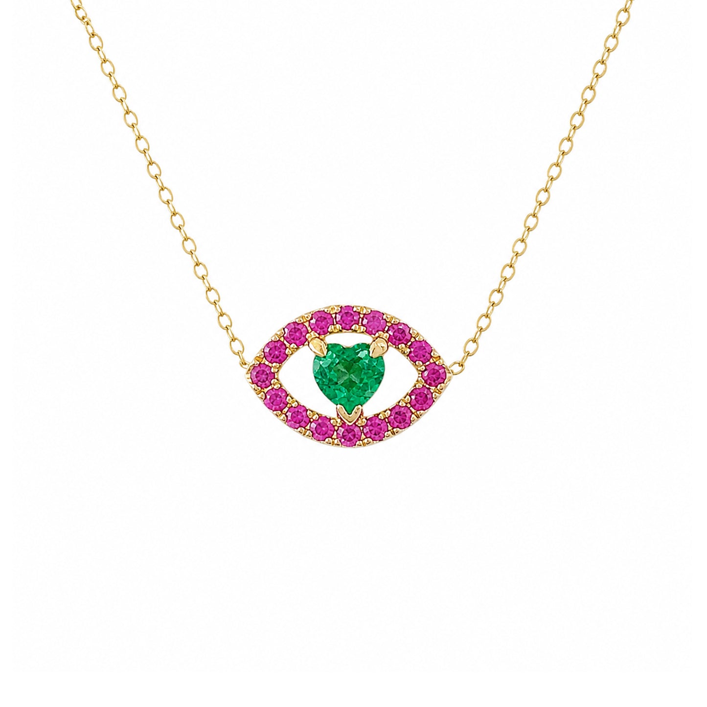 14K Gold Emerald Heart & Pink Sapphire Evil Eye Necklace