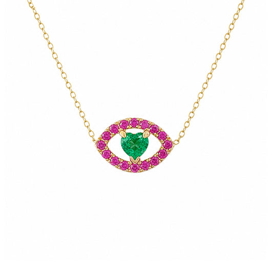 14K Gold Emerald Heart & Pink Sapphire Evil Eye Necklace