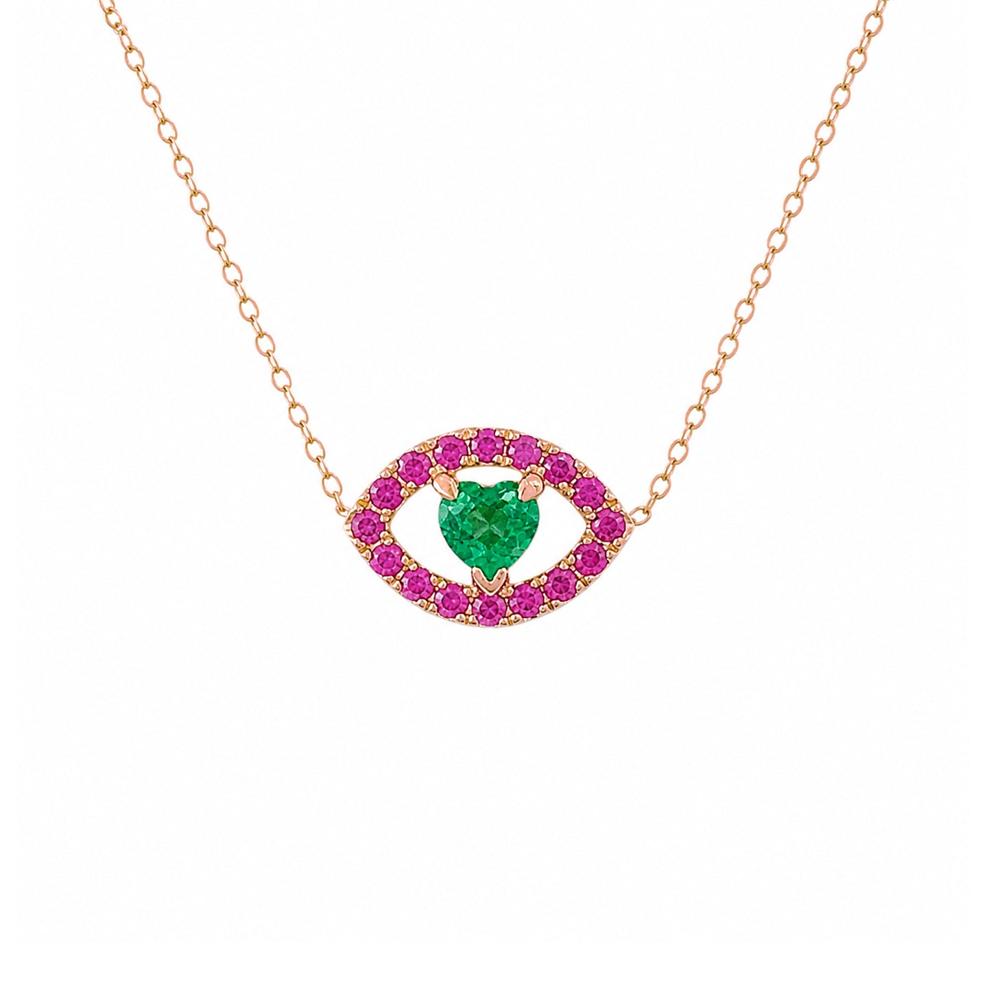 14K Gold Emerald Heart & Pink Sapphire Evil Eye Necklace