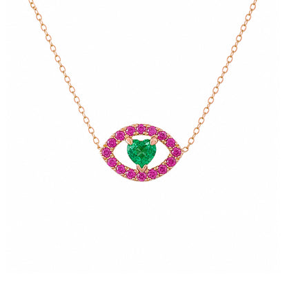 14K Gold Emerald Heart & Pink Sapphire Evil Eye Necklace