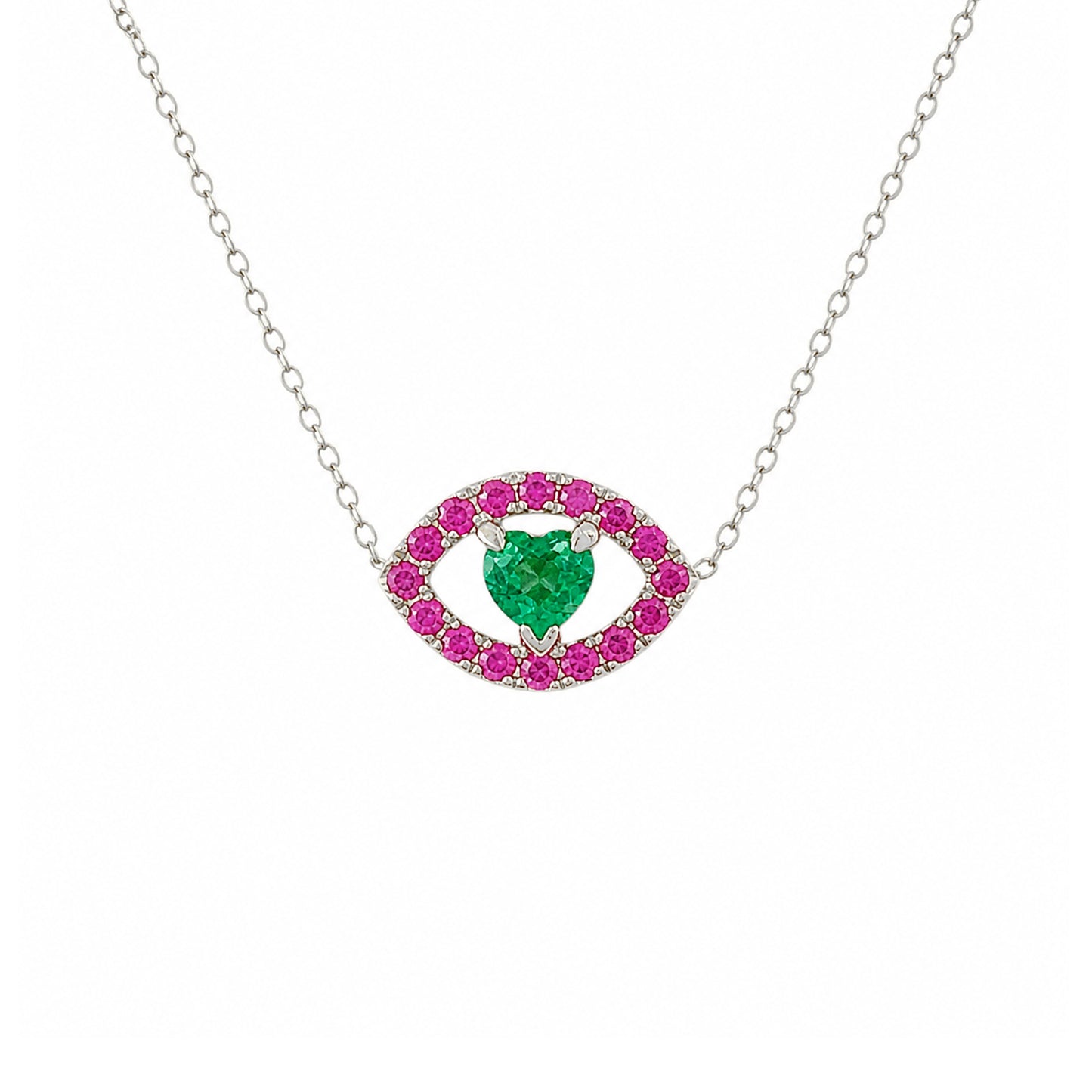 14K Gold Emerald Heart & Pink Sapphire Evil Eye Necklace