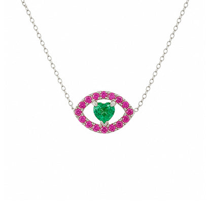 14K Gold Emerald Heart & Pink Sapphire Evil Eye Necklace
