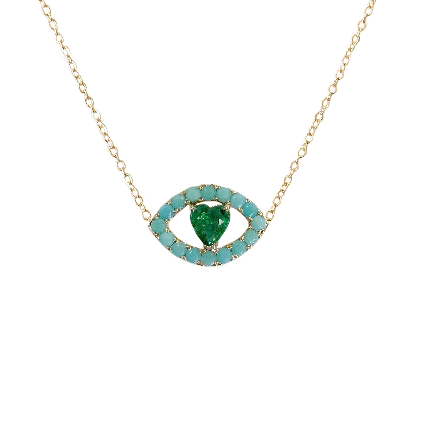 14K Gold Emerald Heart & Turquoise Evil Eye Necklace