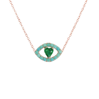 14K Gold Emerald Heart & Turquoise Evil Eye Necklace