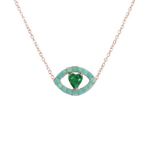 14K Gold Emerald Heart & Turquoise Evil Eye Necklace