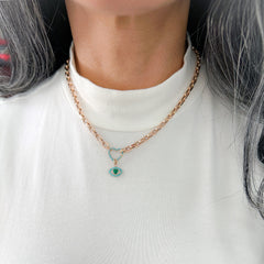 14K Gold Emerald Heart & Turquoise Evil Eye Necklace