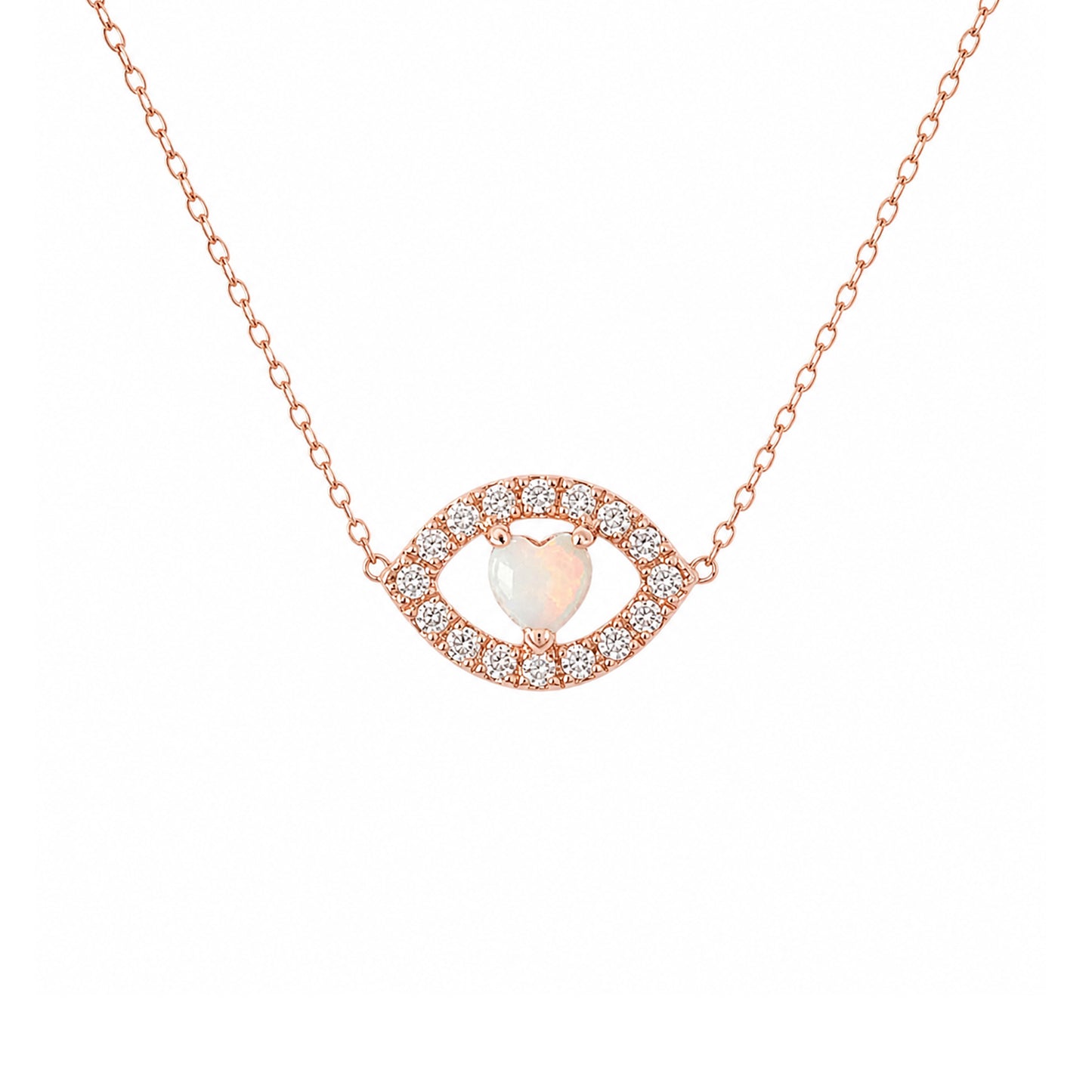14K Gold Opal Heart & Diamond Evil Eye Necklace