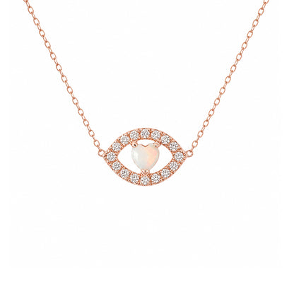 14K Gold Opal Heart & Diamond Evil Eye Necklace