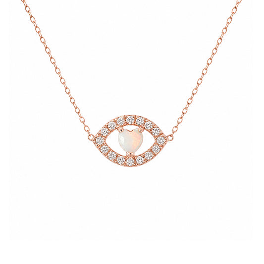 14K Gold Opal Heart & Diamond Evil Eye Necklace