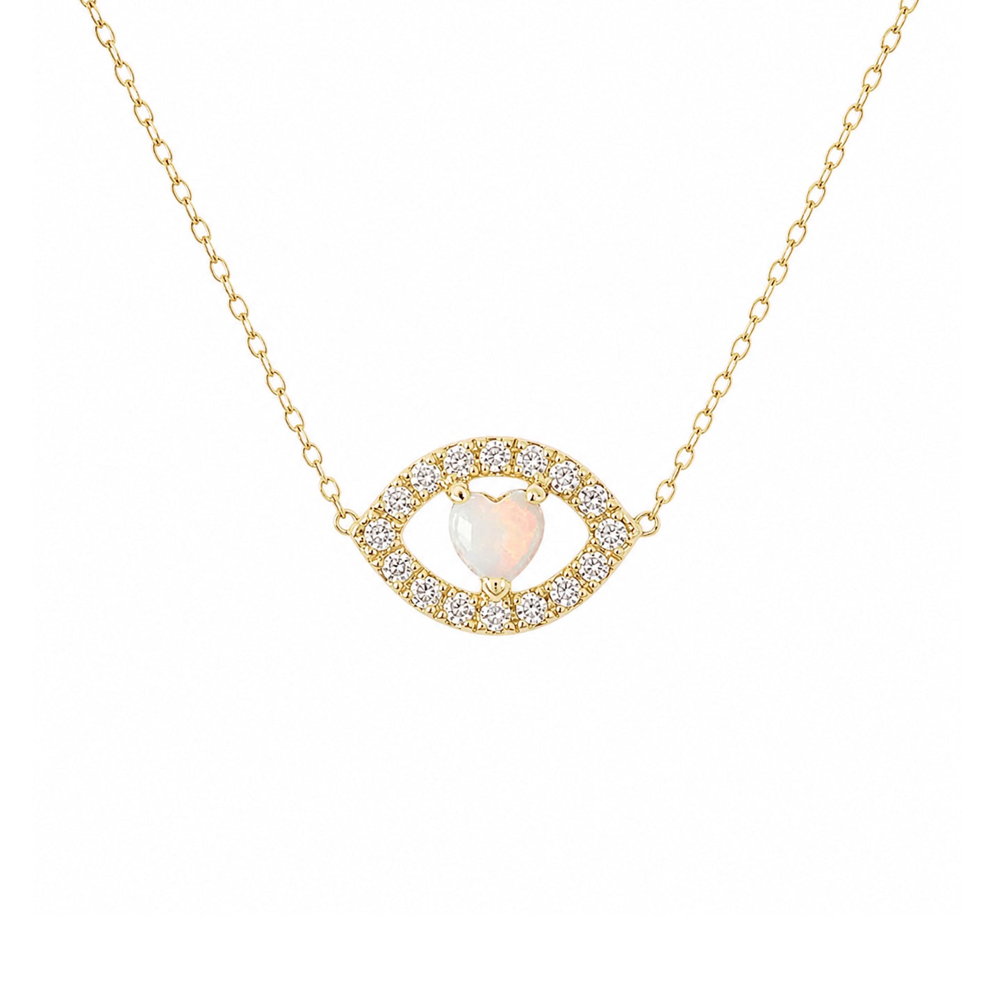 14K Gold Opal Heart & Diamond Evil Eye Necklace