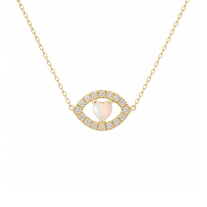 14K Gold Opal Heart & Diamond Evil Eye Necklace