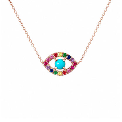 14K Gold Rainbow Gemstone Evil Eye Necklace