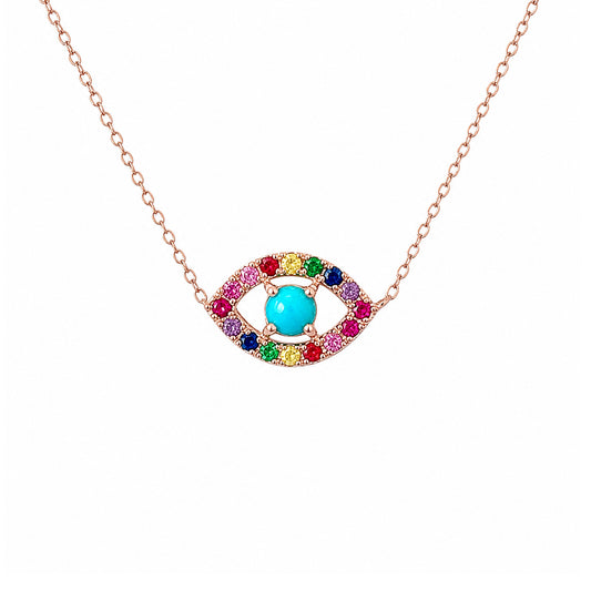 14K Gold Rainbow Gemstone Evil Eye Necklace