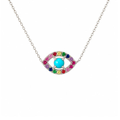 14K Gold Rainbow Gemstone Evil Eye Necklace