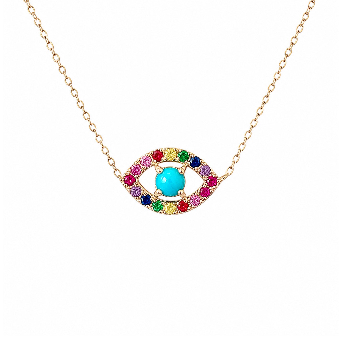 14K Gold Rainbow Gemstone Evil Eye Necklace