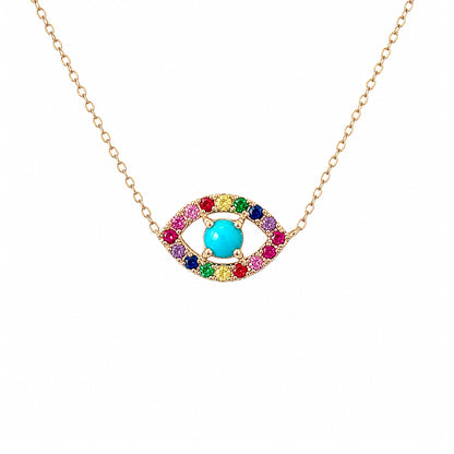 14K Gold Rainbow Gemstone Evil Eye Necklace