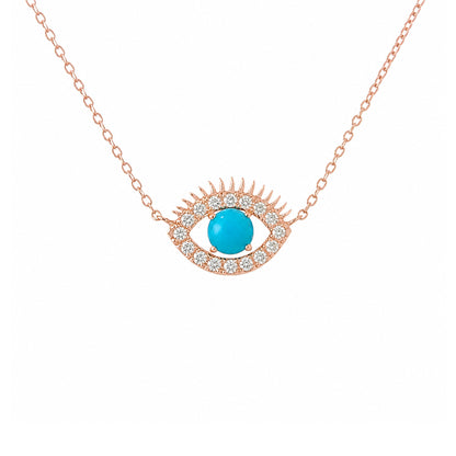 14K Gold Large Size Diamond & Turquoise Evil Eye Lashes Necklace