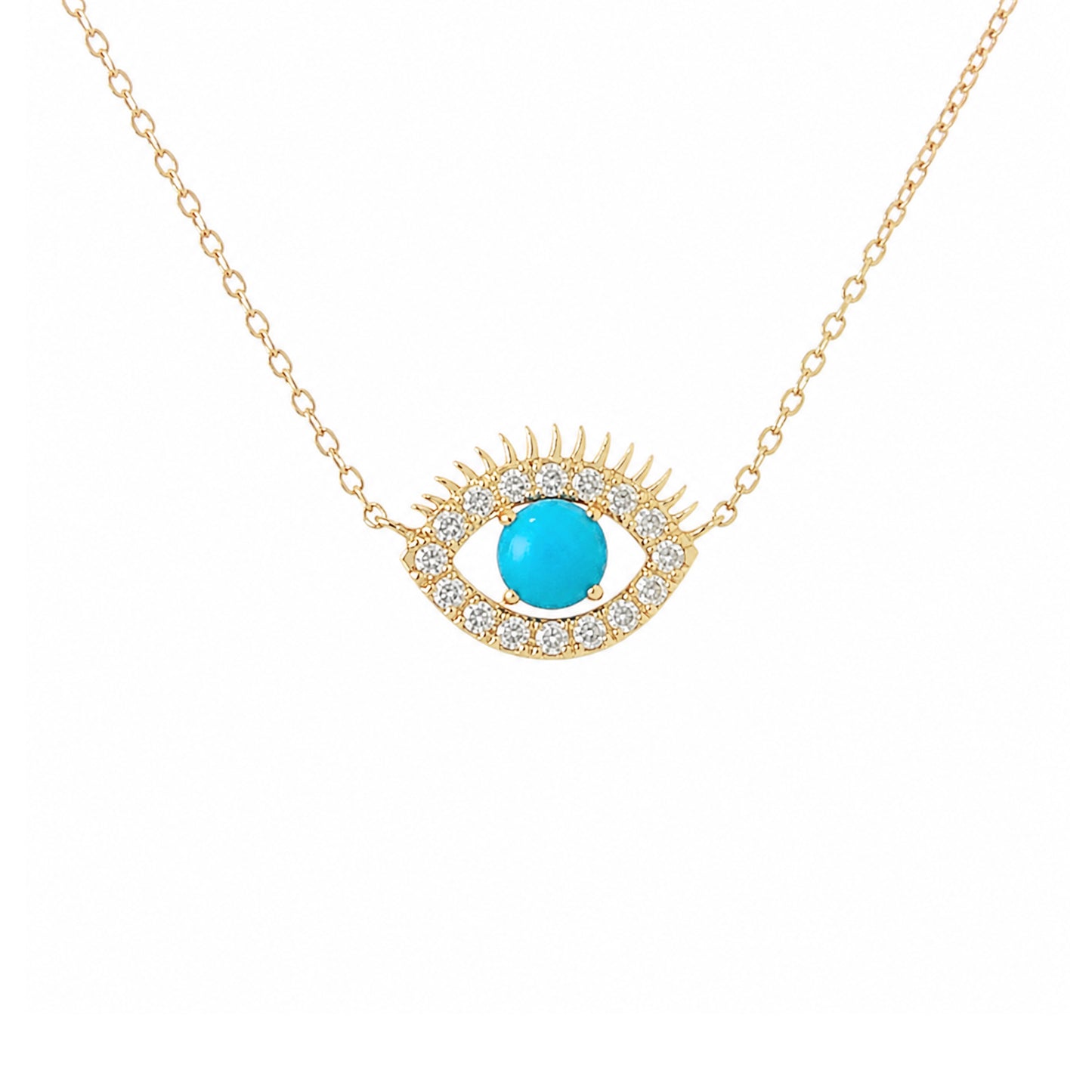 14K Gold Large Size Diamond & Turquoise Evil Eye Lashes Necklace