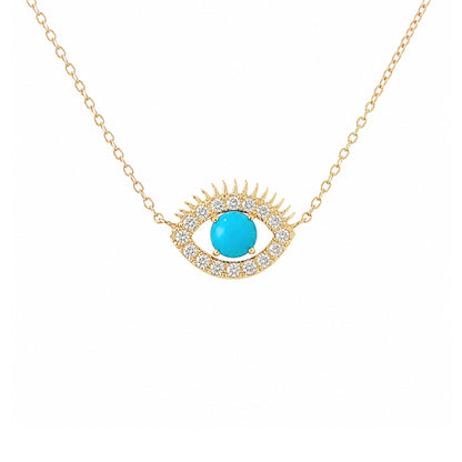 14K Gold Large Size Diamond & Turquoise Evil Eye Lashes Necklace