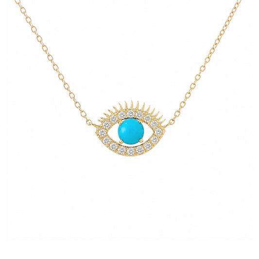14K Gold Large Size Diamond & Turquoise Evil Eye Lashes Necklace