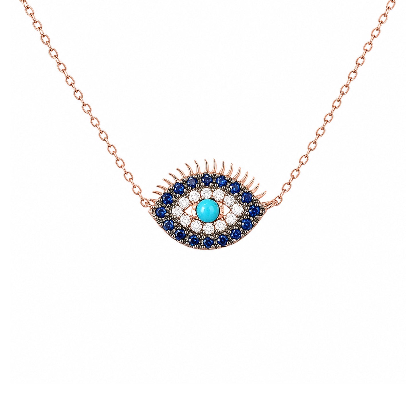 14K Gold Diamond, Sapphire & Turquoise Evil Eye Lashes Necklace ~ Large Size