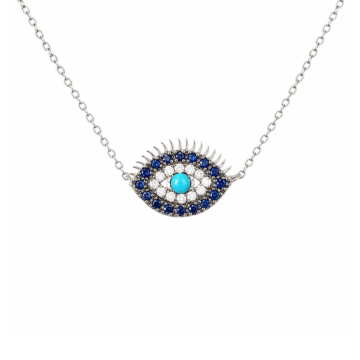 14K Gold Diamond, Sapphire & Turquoise Evil Eye Lashes Necklace ~ Large Size