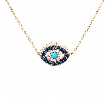 14K Gold Diamond, Sapphire & Turquoise Evil Eye Lashes Necklace ~ Large Size