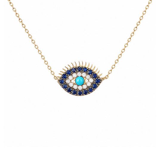 14K Gold Diamond, Sapphire & Turquoise Evil Eye Lashes Necklace ~ Large Size